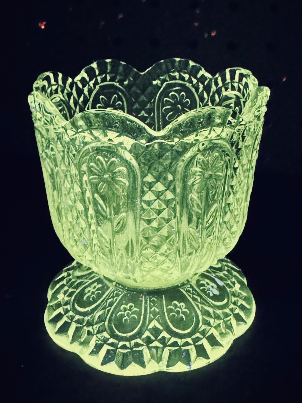 Vintage Glass Pedestal Vase Compote Floral Diamond Pattern UV Reactive